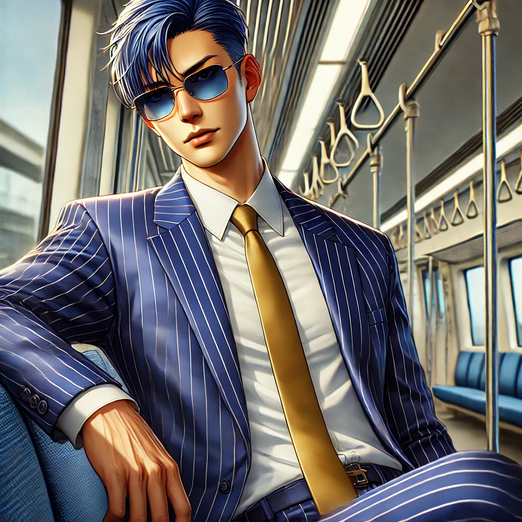 DALLE 2025-03-16 122349 - An Asian adult man in an anime style with a sharp fade haircut and stylish blue-tinted hair wearing a navy blue pinstripe suit with a gold tie and a