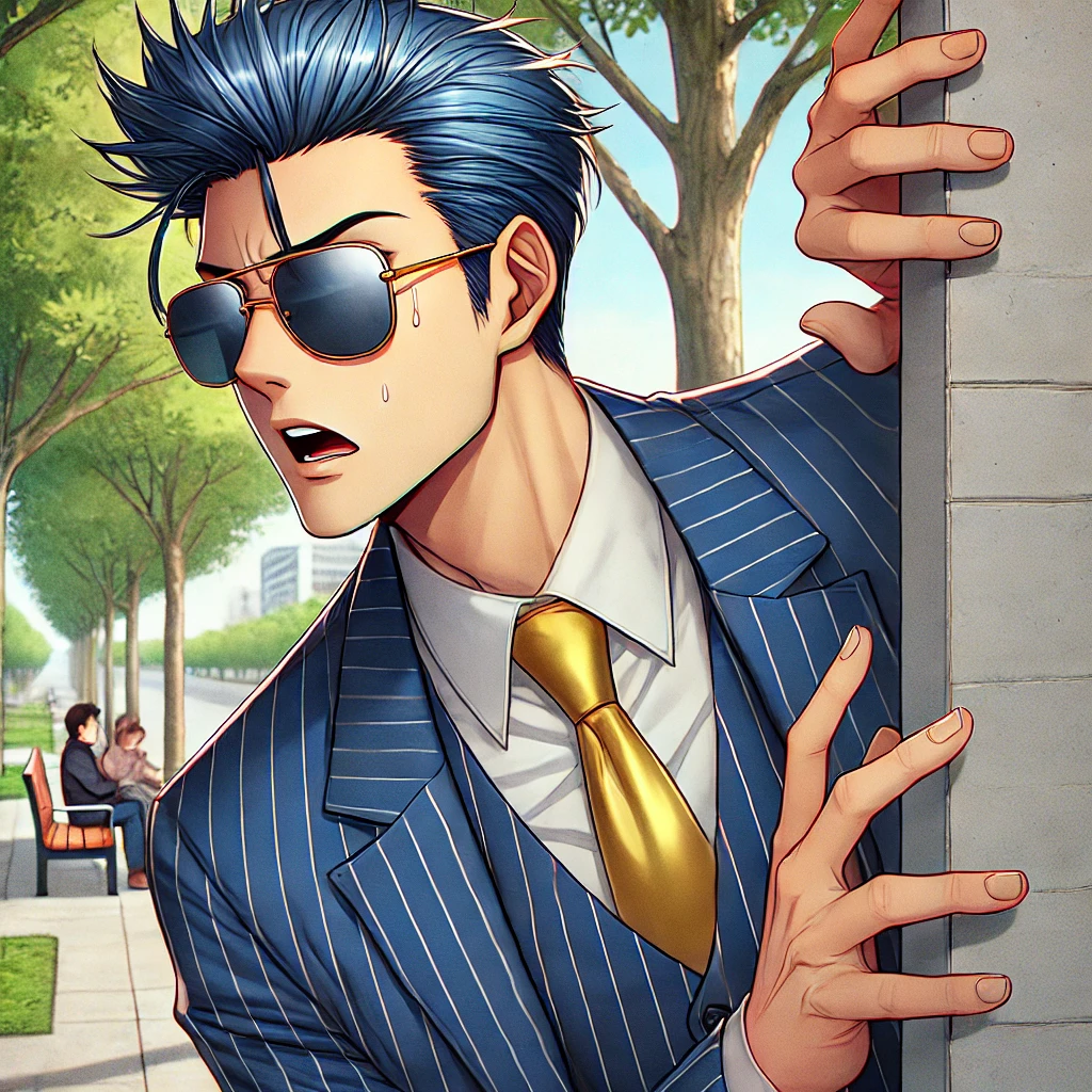 DALLE 2025-03-17 100846 - An Asian adult man in an anime style with a sharp fade haircut and stylish blue-tinted hair wearing a navy blue pinstripe suit with a gold tie and a