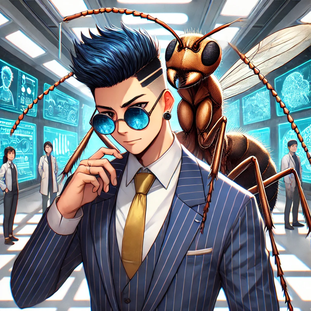 DALLE 2025-03-17 113729 - An anime-style illustration of an Asian adult man with a sharp fade haircut and stylish blue-tinted hair wearing mirrored sunglasses and a navy blue