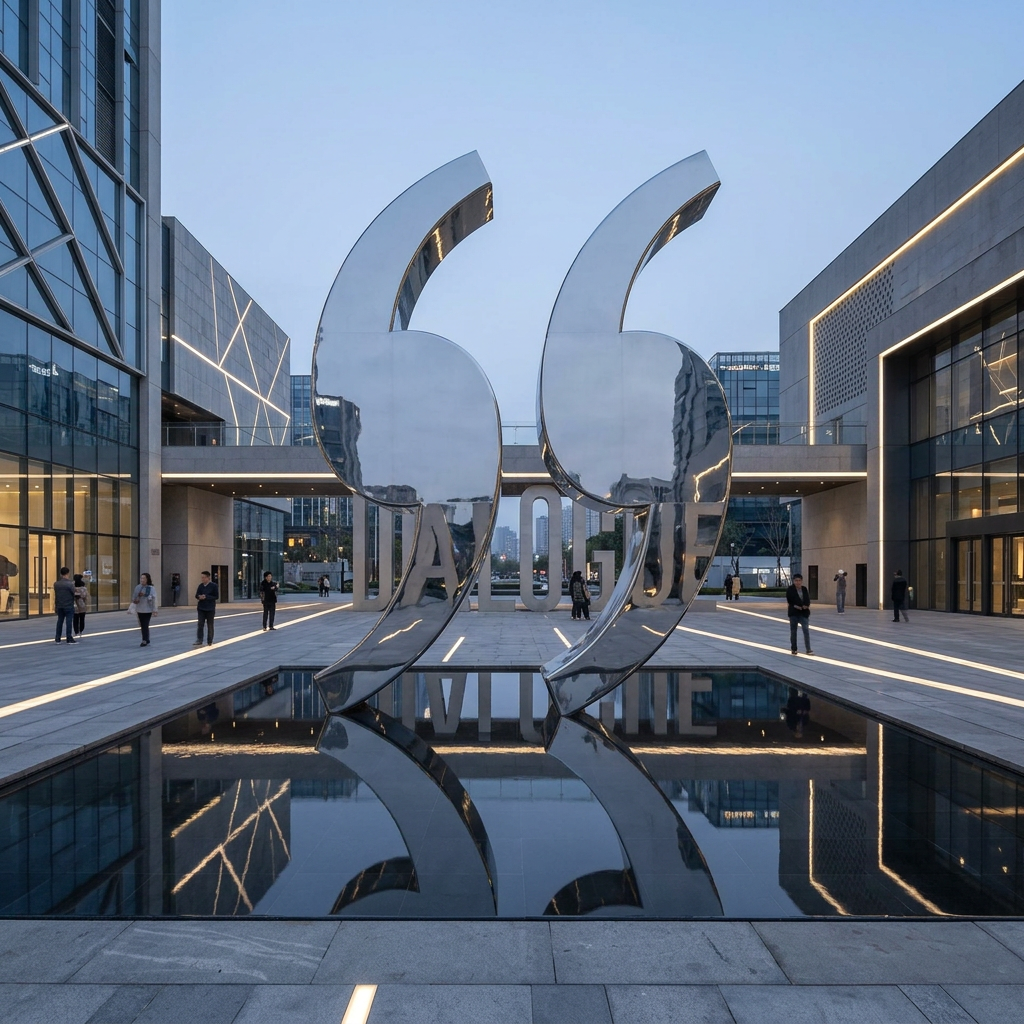 Large reflective sculpture shaped like two curved quotation marks in a modern plaza, mirrored in a shallow pool with surrounding buildings and pedestrians.