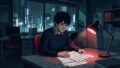 Young man sits at a desk at night, examining documents under a red desk lamp, rain streaking the city window outside.