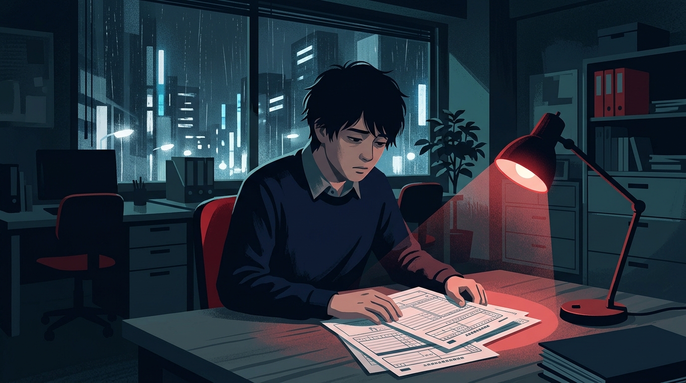 Young man sits at a desk at night, examining documents under a red desk lamp, rain streaking the city window outside.