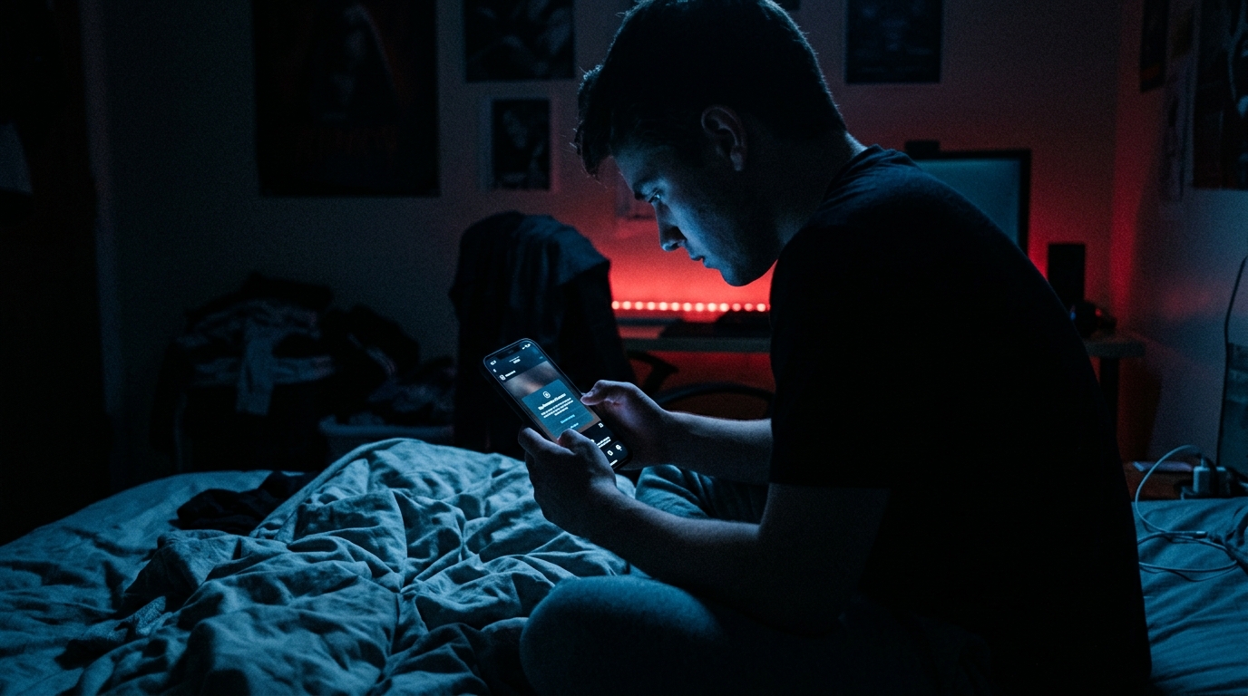Young man sits on a rumpled bed in a dark room, illuminated by blue screen light as he looks at his smartphone with a red LED glow in the background.